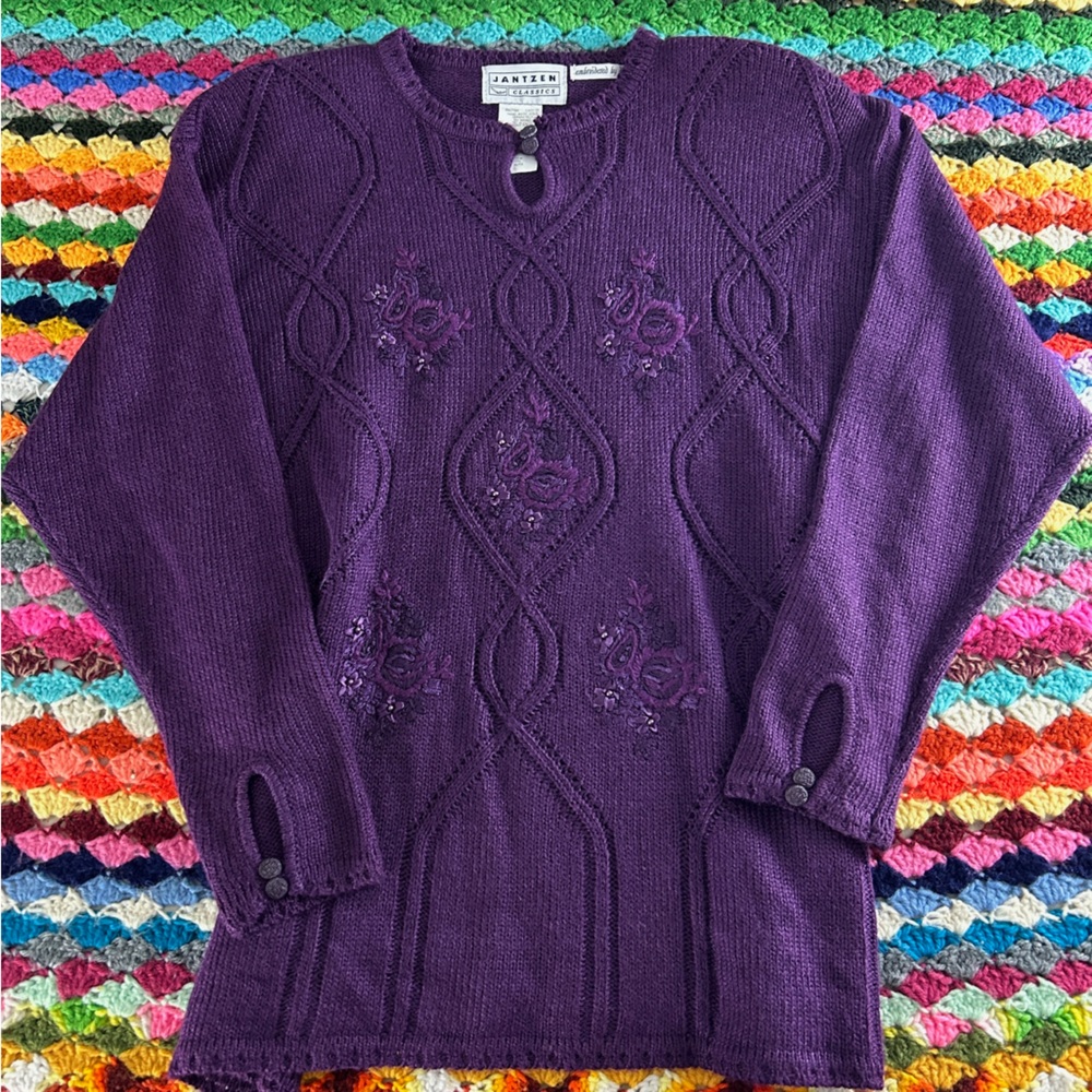 Vintage 90s Jantzen Cable Knit Keyhole Hand Embroidered Embellished Flor…